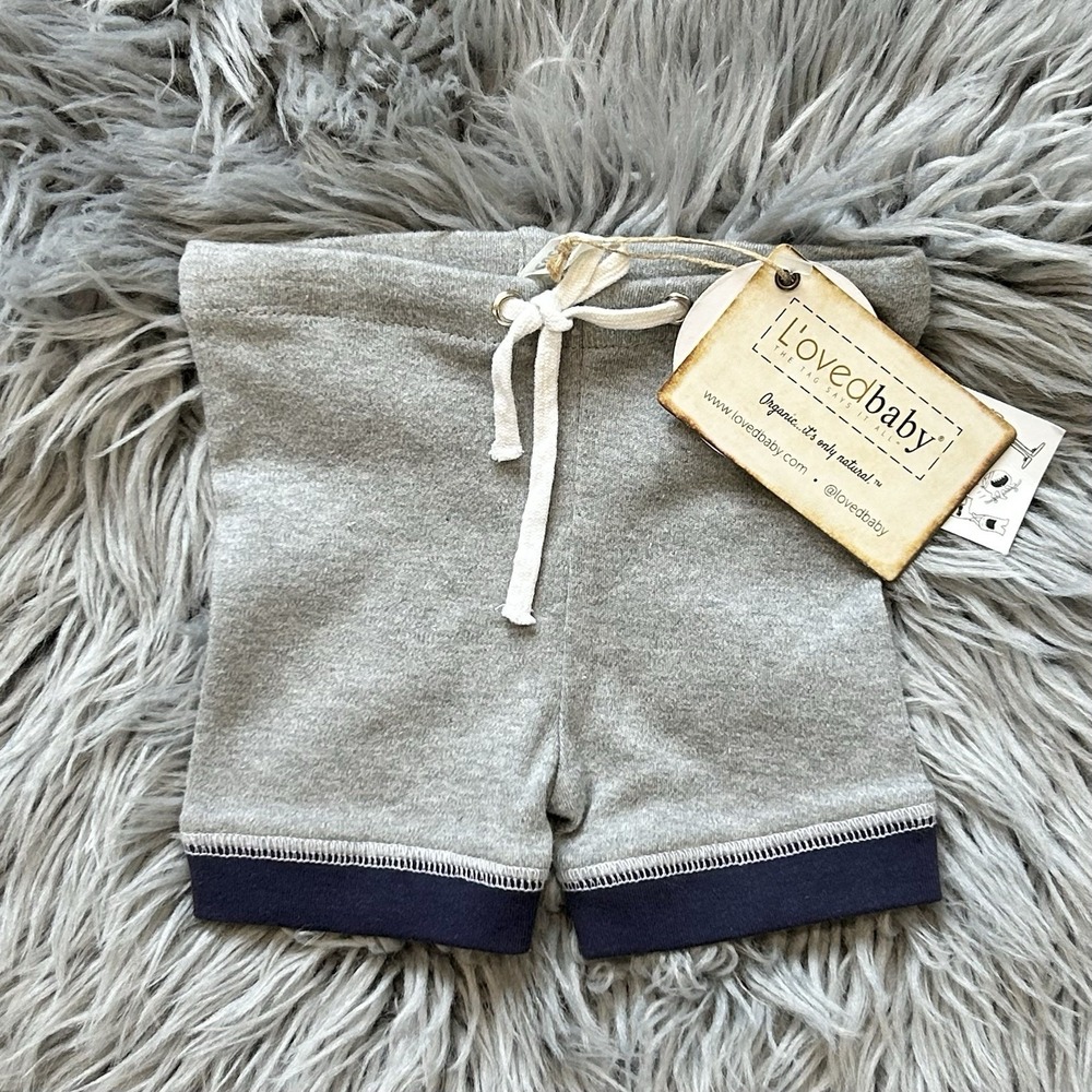 L'oved Baby Organic Cotton Heathered Grey Biker Shorts W/Blue Trim 6-9 Month